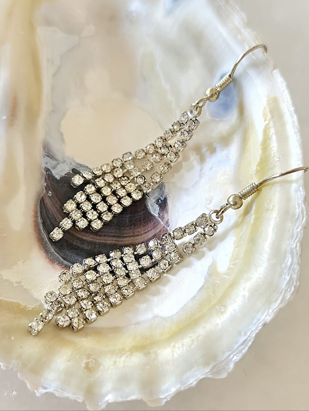 Vtg 60s 70s Rhinestone Chandelier Earrings, Silver Tone, 2"